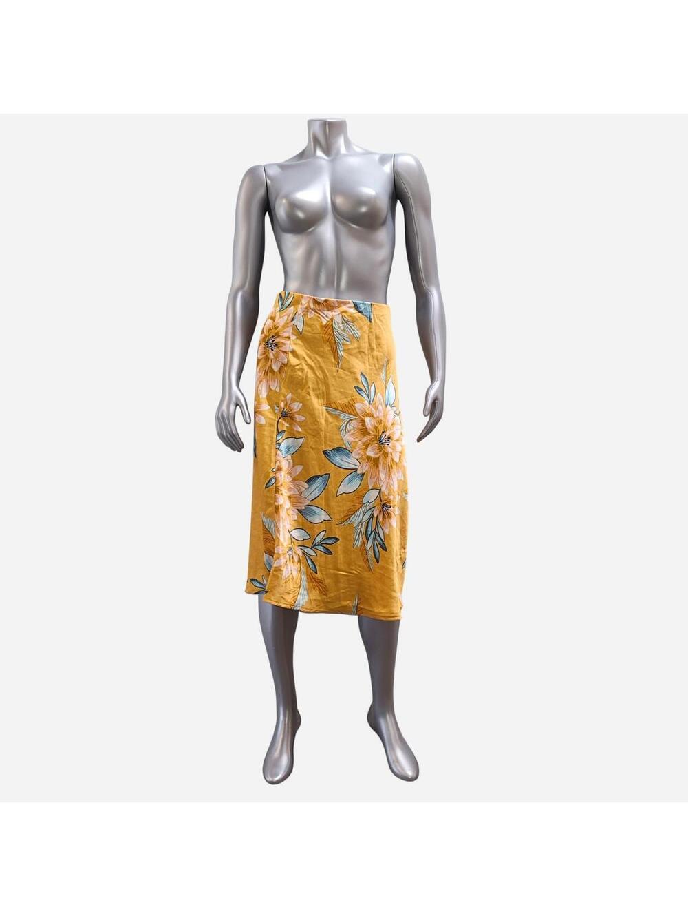 Forever 21 Womens Floral Midi Skirt Mustard Yellow Satin Small